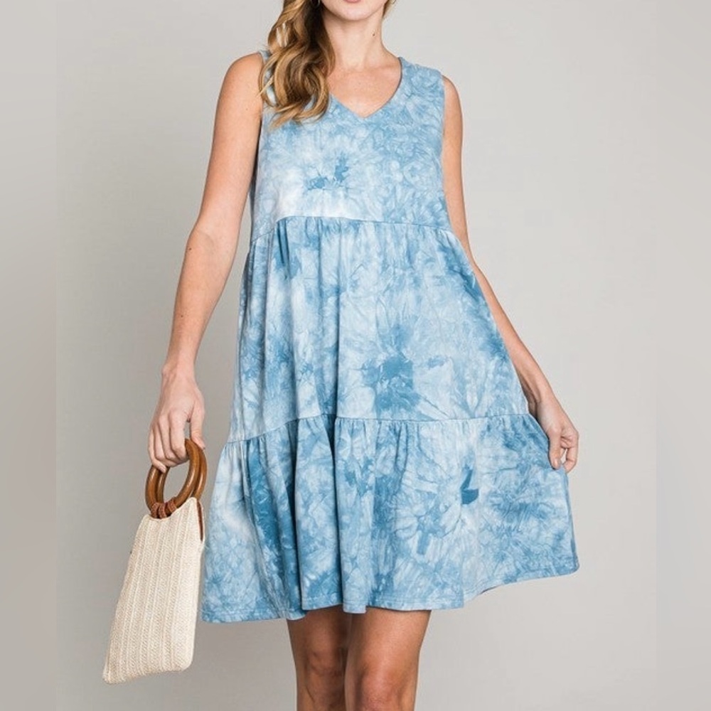 Cotton Bleu Sleeveless Tiered Babydoll Mini Dress Blue Tie Dye 3X Pockets NWT